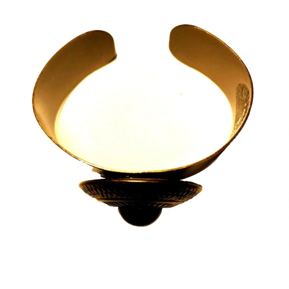 Brass Cuff Bracelet with Textured Medallion and Black Onyx Cabochon